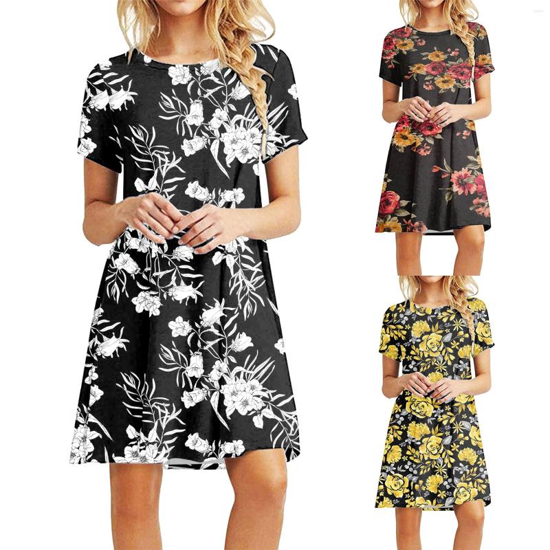 

Casual Dresses Women Summer Short Sleeved Crewneck Tee Shirt Dress Swing Fashion Patened Print, Red