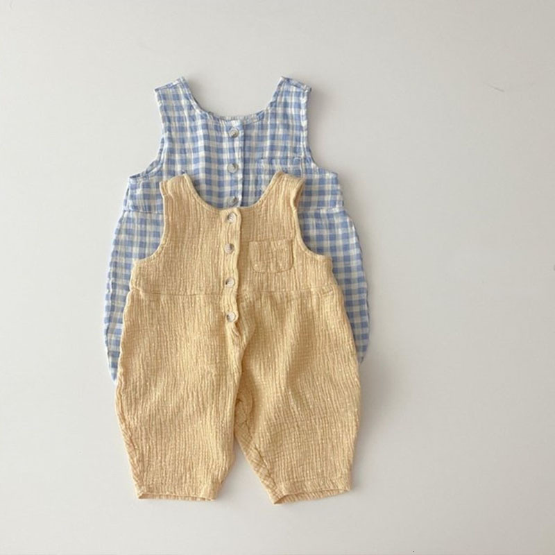 

Overalls Korean born Infant Baby Romper Organic Cotton Thin Sleeveless Strap Jumpsuit Toddlers Unisex Plaid Suspenders Romper Trousers 230414, Blue