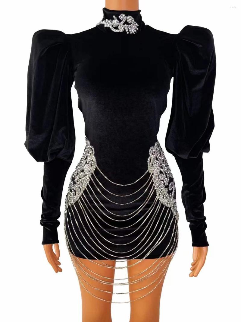 

Stage Wear Black Long Sleeve Women Velvet Dress Singer Host Dancer Elegant Rhinestone Diamond Chain Design Style High Neck, Aq