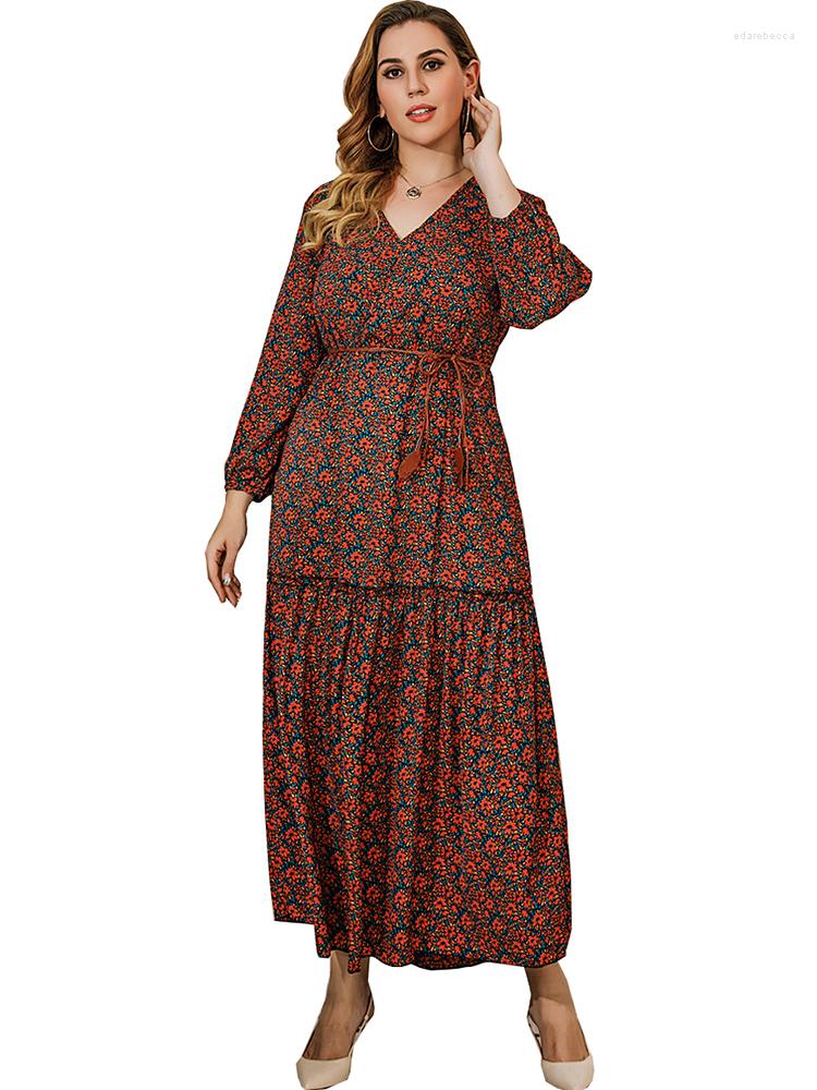 

Plus Size Dresses Long Dress Women V Neck High Waist Ankle Length Robes Fashion Floral Vintage Casual Oversize Maxi Spring Autumn, Multi