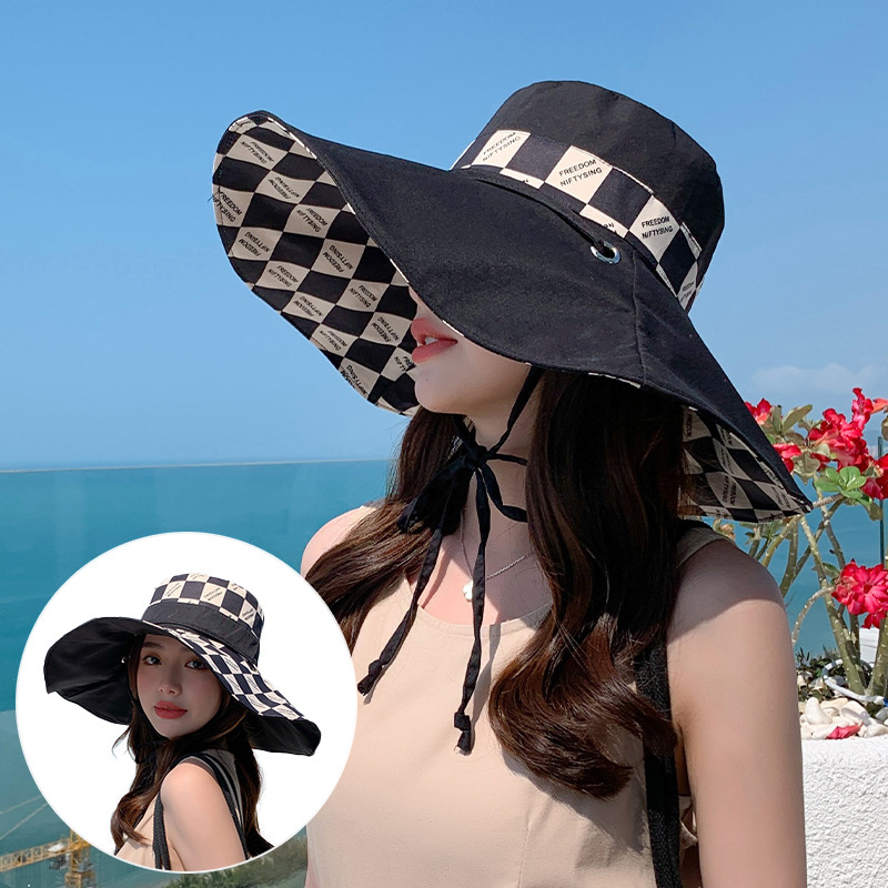

Ladies Bucket Hat Double Sided Wear Fashion Checked Summer Beach Neck Protection Sun Visor Packable Wide Brimmed Foldable Reversal Vietnam Cap, Pink