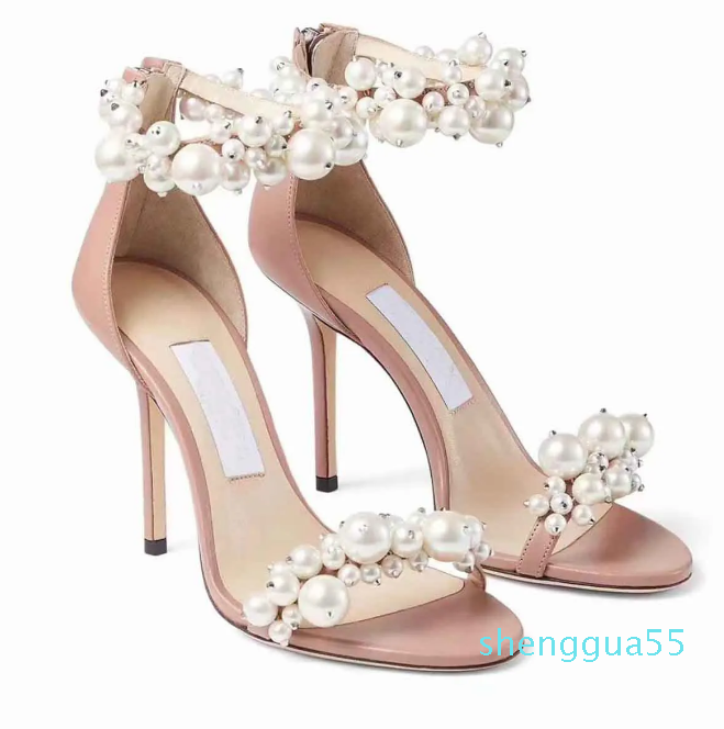 

Women Maisel Sandals Shoes Nude Black White Ankle Strap Pumps with Pearl Embellishment Lady Sexy High Heels Bridal Wedding