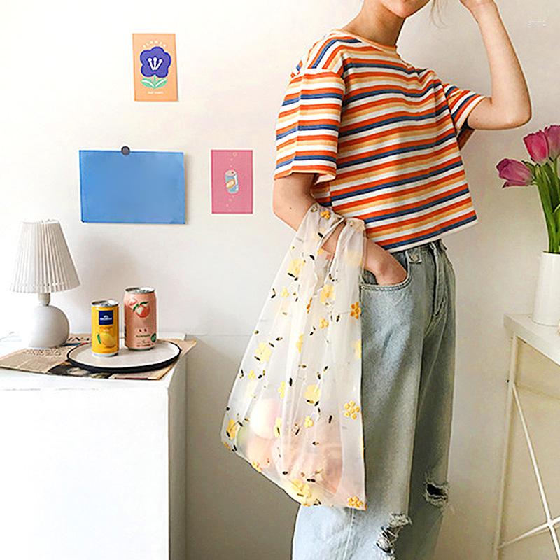 

Shopping Bags Fashion Small Flower Daisy Organza Embroidery Hand Bag Casual Tote Mesh Transparent Lace Handbags Eco Storage, Beige