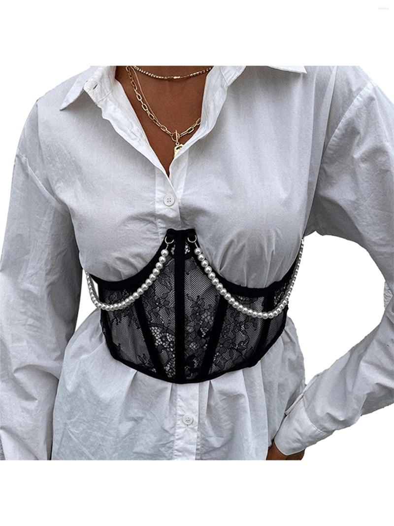 

Women's Shapers Women See Through Mesh Lace Up Bustier Corset Pearl Chains Cincher Shaper Tops With Chest Support For Girls, Black