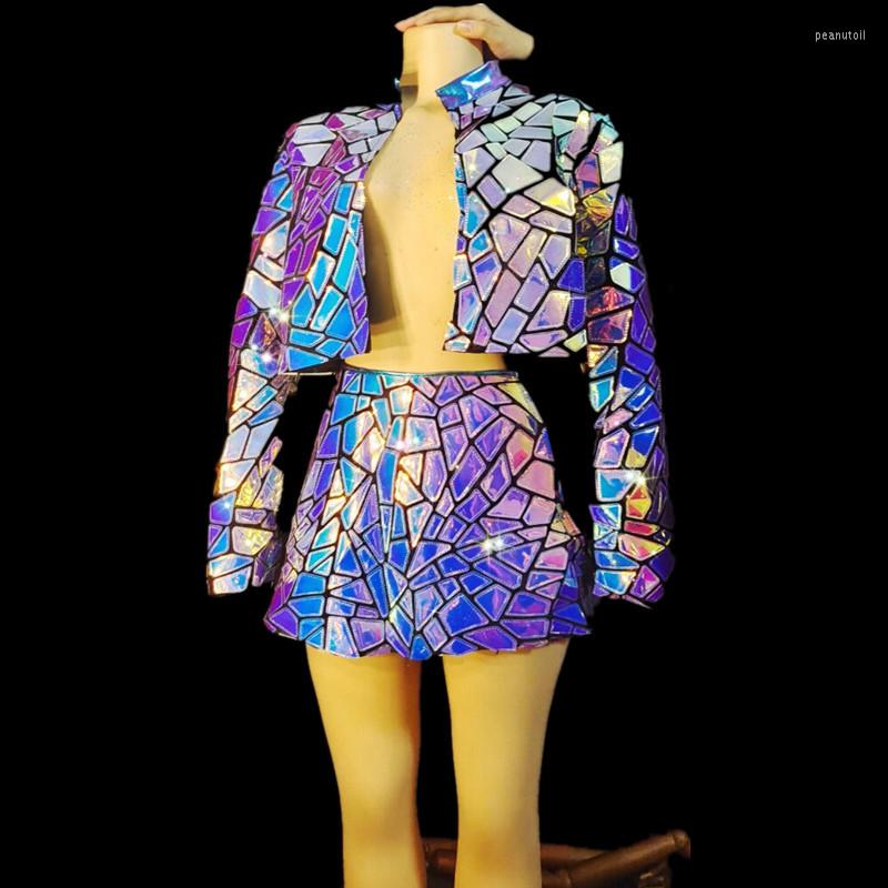 

Stage Wear Female Jazz Dance Costume Glitter Laser Mirror Jacket Skirt Outfit Bar Nightclub Sequins Performance Clothes Party Show, Red