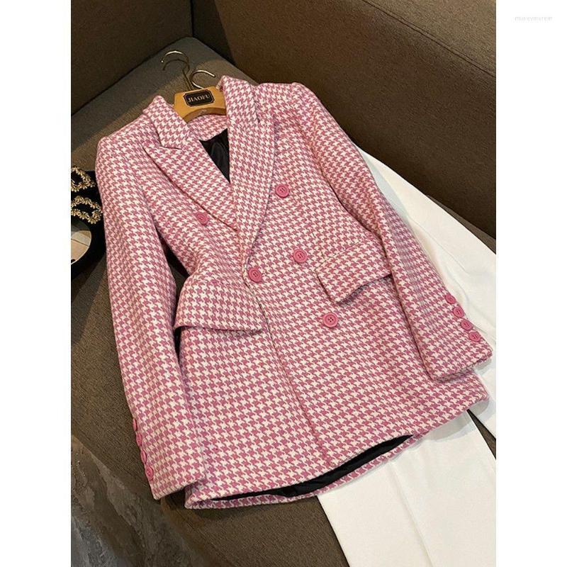 

Women' Suits Plaid Woolen Coat Women Korean Casual Long Sleeve Double-breasted Office Lady Blazer Vintage Top