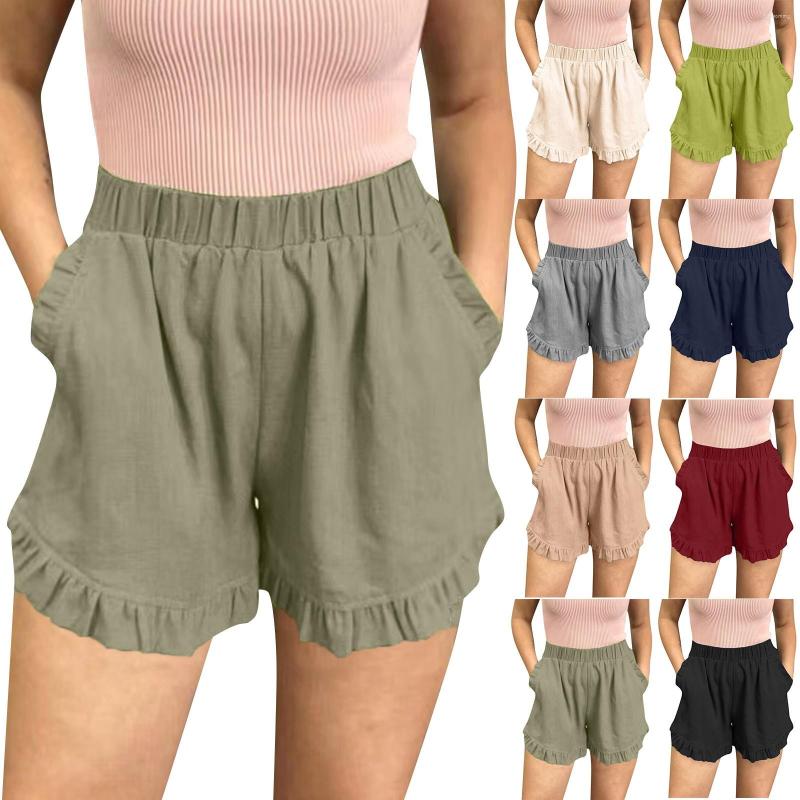 

Women' Shorts Womens Cotton High Elastic Waisted Pleated Ruffle Cute Beach Flowy Casual, Khaki
