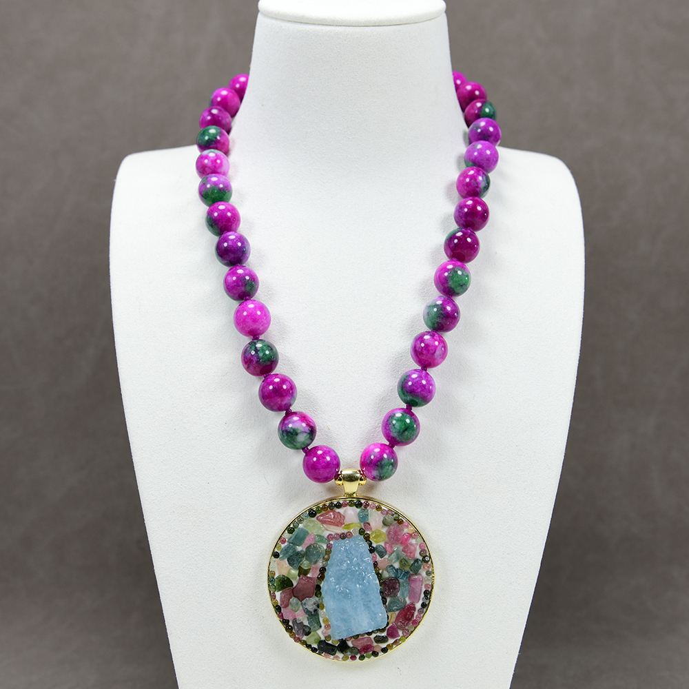 

Beaded Pendant Mix Color Round Jade Necklace Blue Aquamarine Rough Tourmaline Bead Pendant Statement Necklaces For Lady