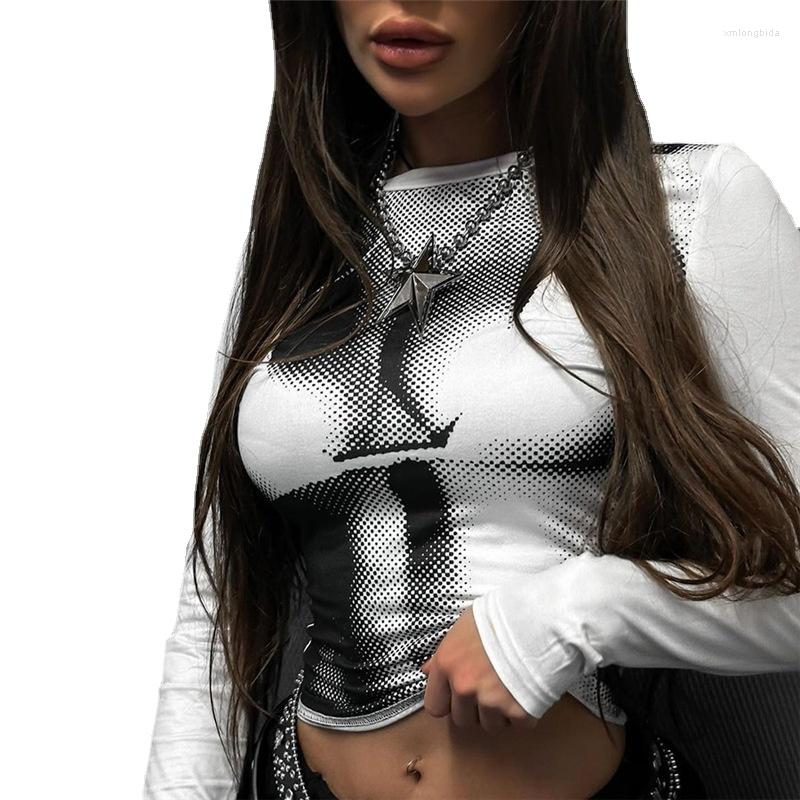 

Women' T Shirts LEOSD Women 2023 Spring Top Street Shoot Fashion 3D Print Long Sleeve Slim T-shirt Vintage Clothes Thirt Shirt Femme Y2k, Black