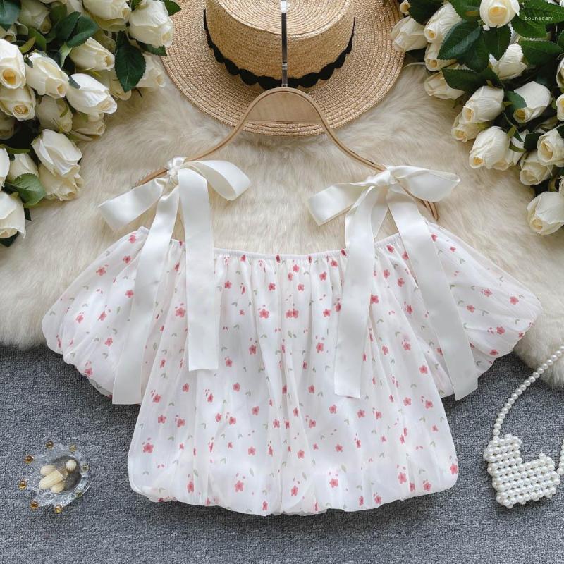 

Women's Blouses Summer Sexy Floral Bow Strap Top Off Shoulder Bubble Sleeve Short, As the picture