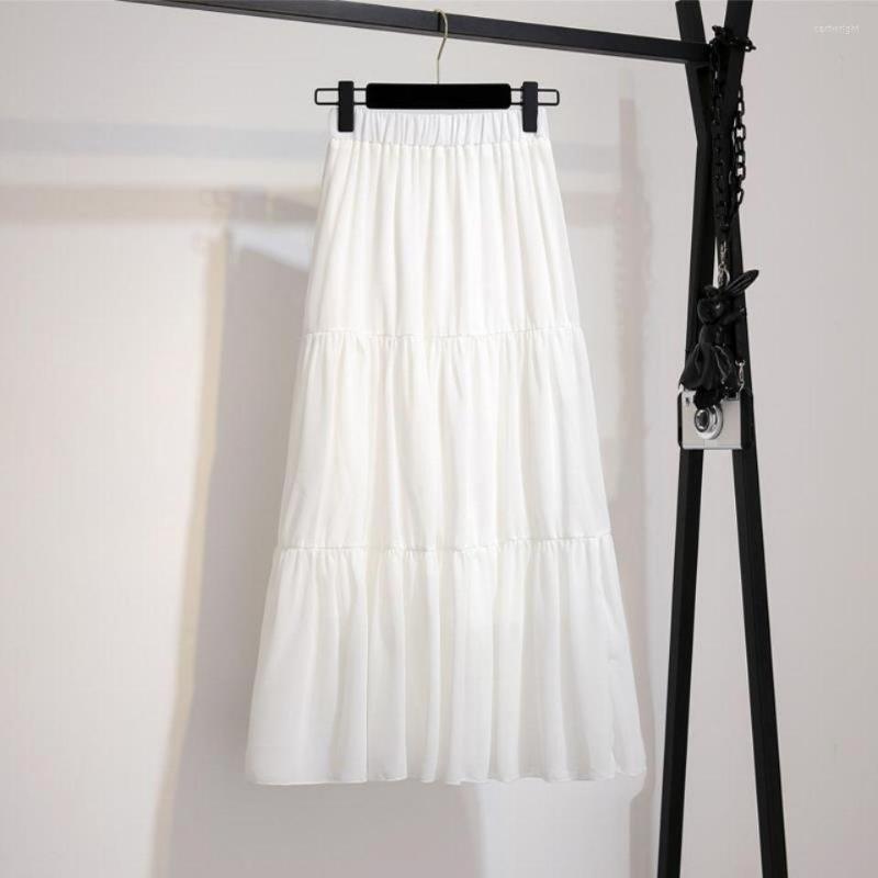 

Skirts Pearl Chiffon Fairy Summer A-line Medium Length Cake Dress Gauze High Elastic Waist Women Princesses Sweet, Black