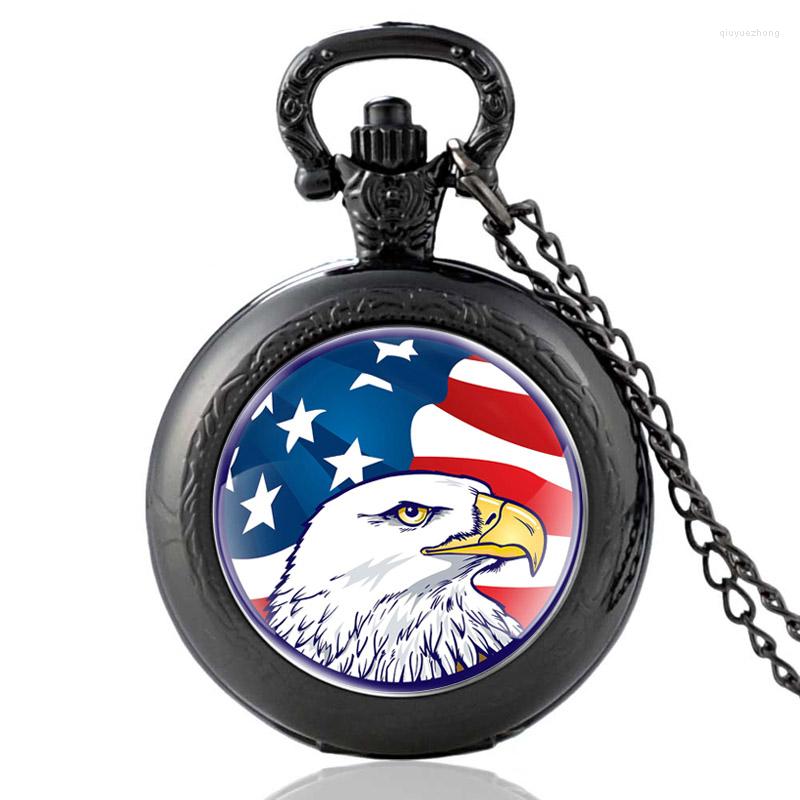 

Pocket Watches American Flag And Eagle Pattern Glass Dome Vintage Quartz Watch Men Women Pendant Necklace Chain Hours Clock Gifts, Black