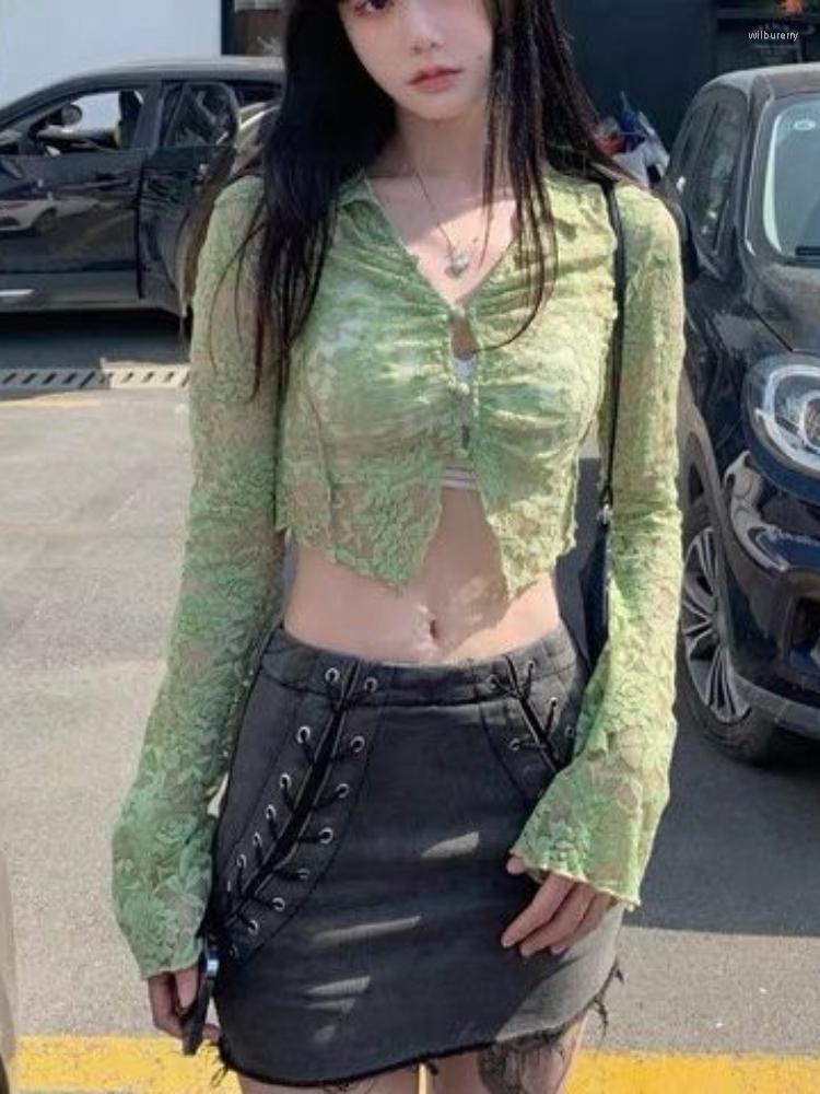 

Women' Blouses Kawaii Goth Y2k Crop Top Clothing 2023 Fairy Grunge Core Fairycore Vintage Blouse Korean Fashion Shirt See Through Hollow, Green