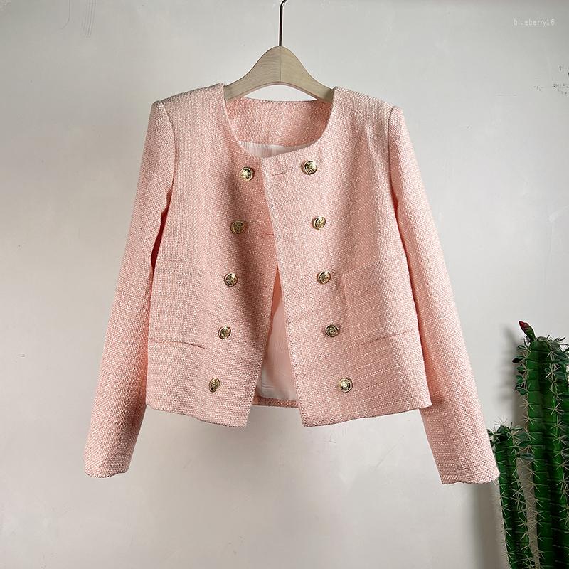 

Women' Jackets Runway Spring Small Fragrant Elegant Tweed Jacket Women' Clothes Luxury Coats Female Double Breasted O Neck Outwear, Beige