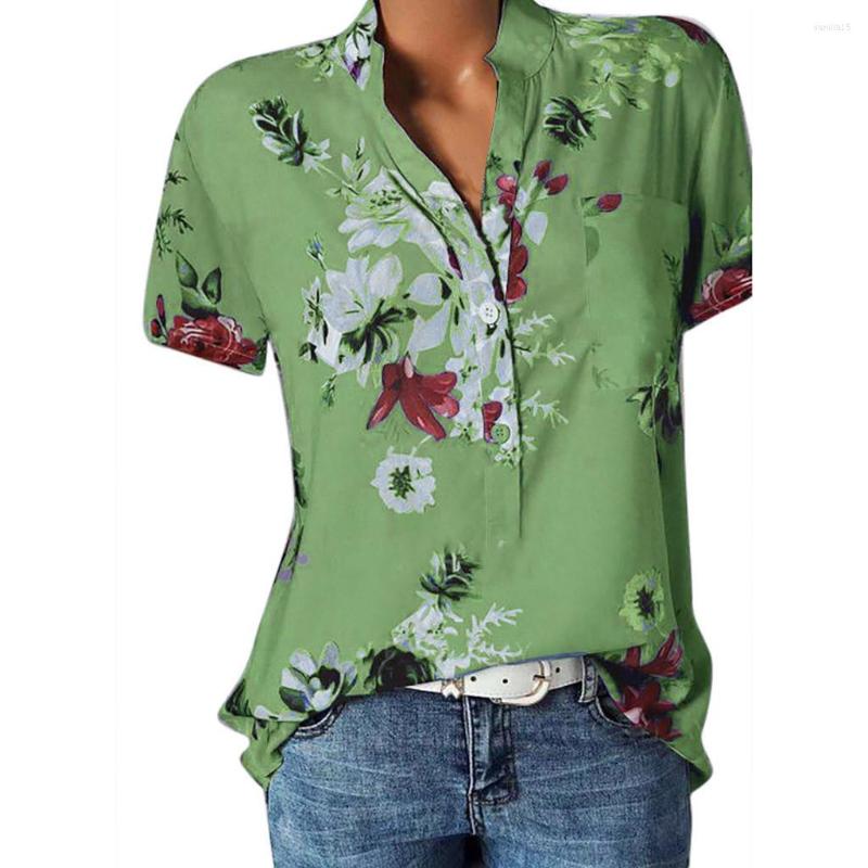 

Women' Blouses Summer Blouse Casual Short Sleeved Tops Women Floral Printed V Neck Button Blusas 2023 Elegant Blusa Feminina, Green