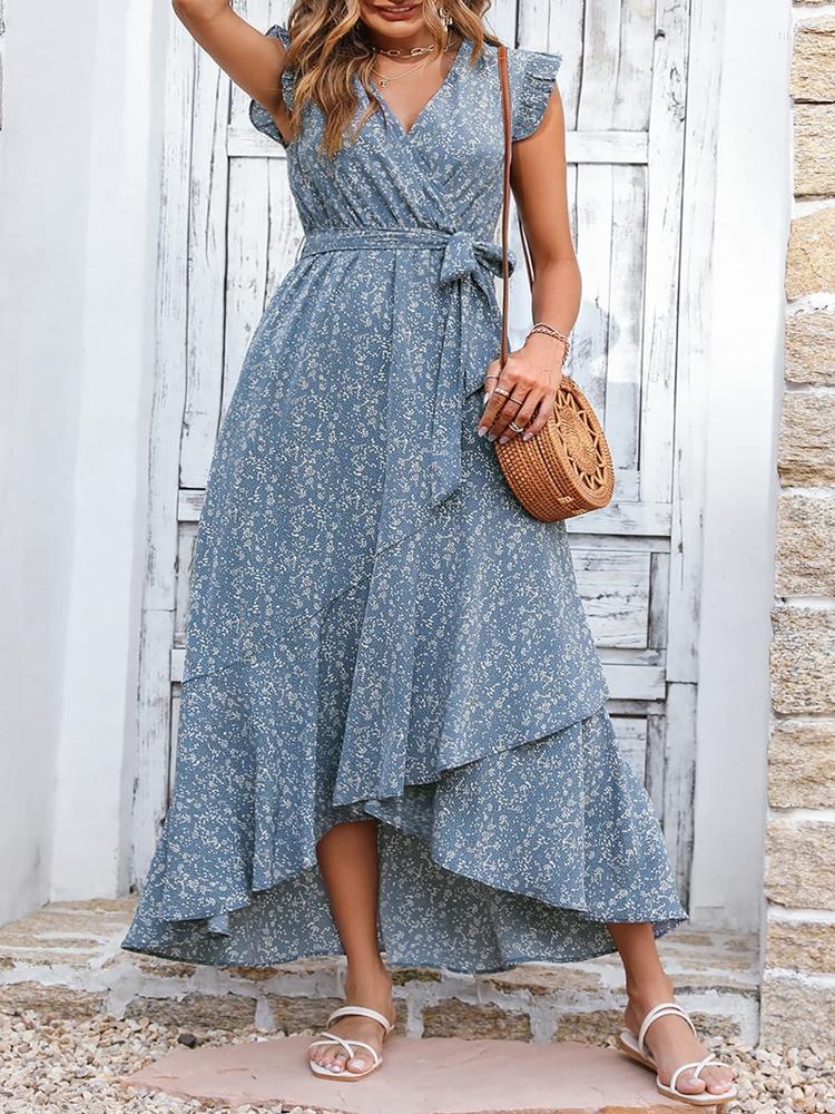 

Casual Dresses Ruffle Sleeve Tank Dress Women Floral Print Maxi Bohemian Sundress Female Fashion Style Long Chiffon Summer, Lqy141 green