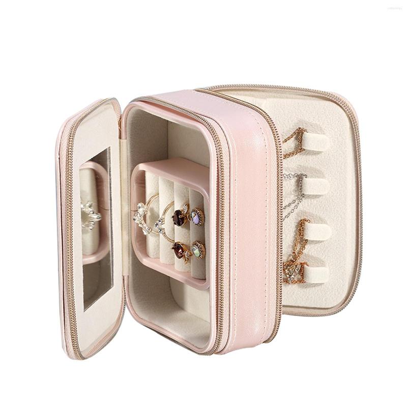 

Jewelry Pouches Travel Box With Mirror 3 Layers Rings Earrings Necklace Holder Case Portable PU Organizer For Women Girl