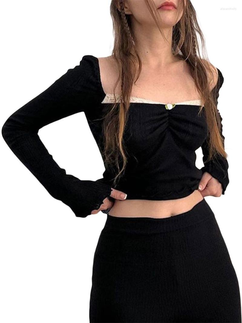 

Women' T Shirts Shirt Women Slim Crop Tops Black Long Sleeve Square Neck Patchwork Y2K Clothes