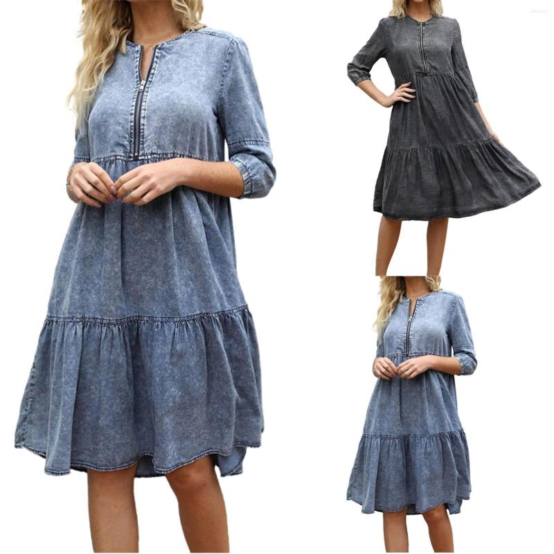 

Casual Dresses Crewneck Zipper Splicing Denim Dress For Women, Black
