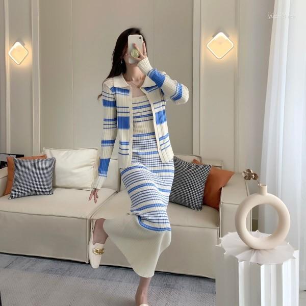 

Work Dresses WTIANYUW Panelled Striped Sweet Knitted Sets Turn Down Collar Knitwear Top Midi Slim Camis Dress Women Autumn Two Peice Suits, 2 piece set