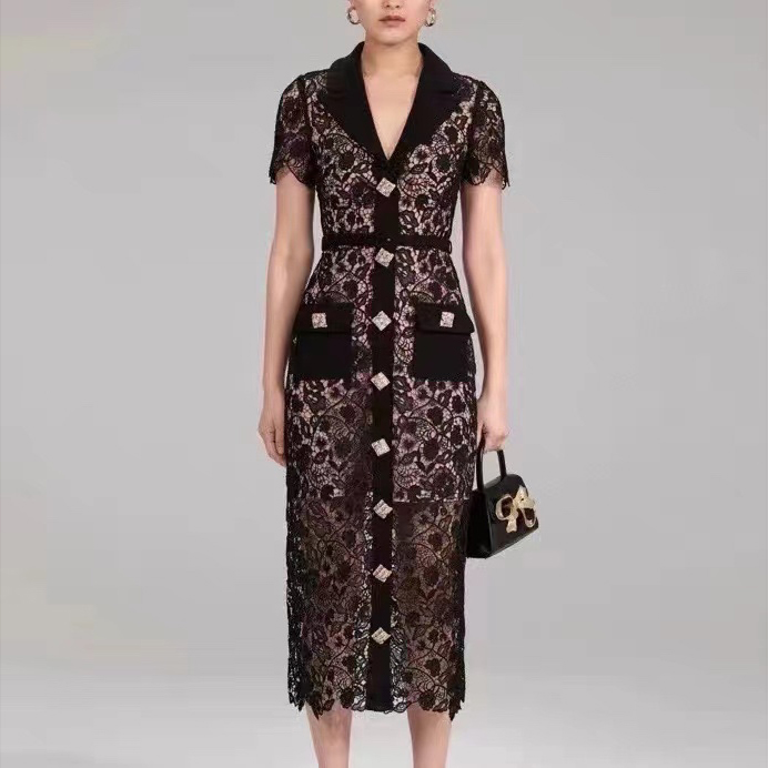 

fanncy dress v neck short sleeve lace hollow out gatered waist black mid dress