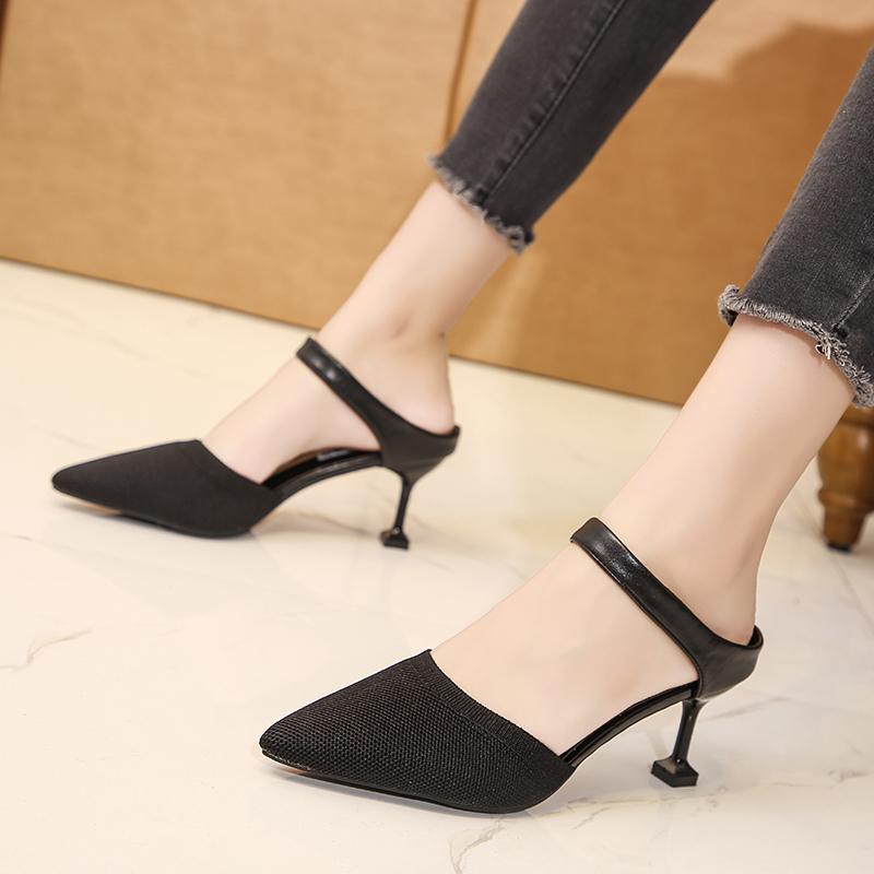 

Sandals Knitted Elastic Mesh Women Fashion Pointed High Heels Slip-On Mixed Colors Thin Shallow Summer Shoes Woman, Beige