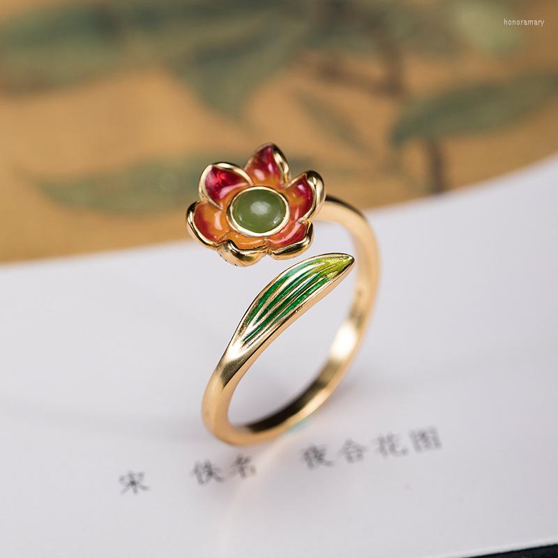 

Cluster Rings S925 Sterling Silver Green Jade Flower Open For Women 14k Gold Jewelry Female Vintage Enamel Original Handmade Accessories