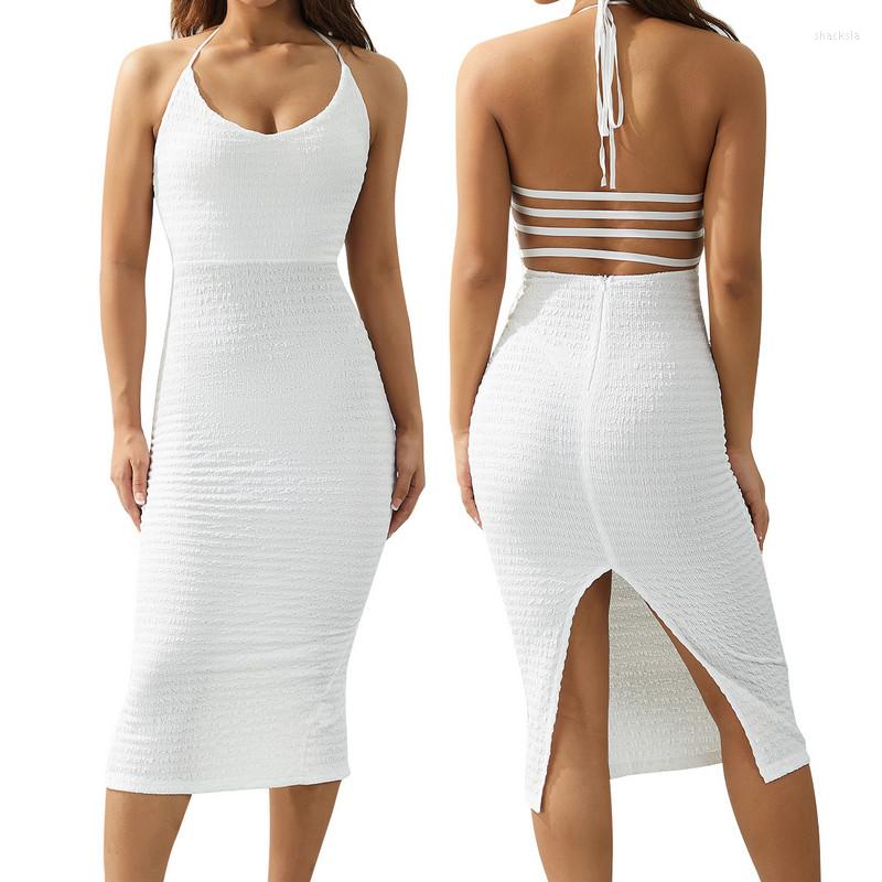 

Casual Dresses Summer Bodycon Midi For Women 2023 White Halter Backless Solid Color Slit Bandage Evening Party Dress Club Streetwear