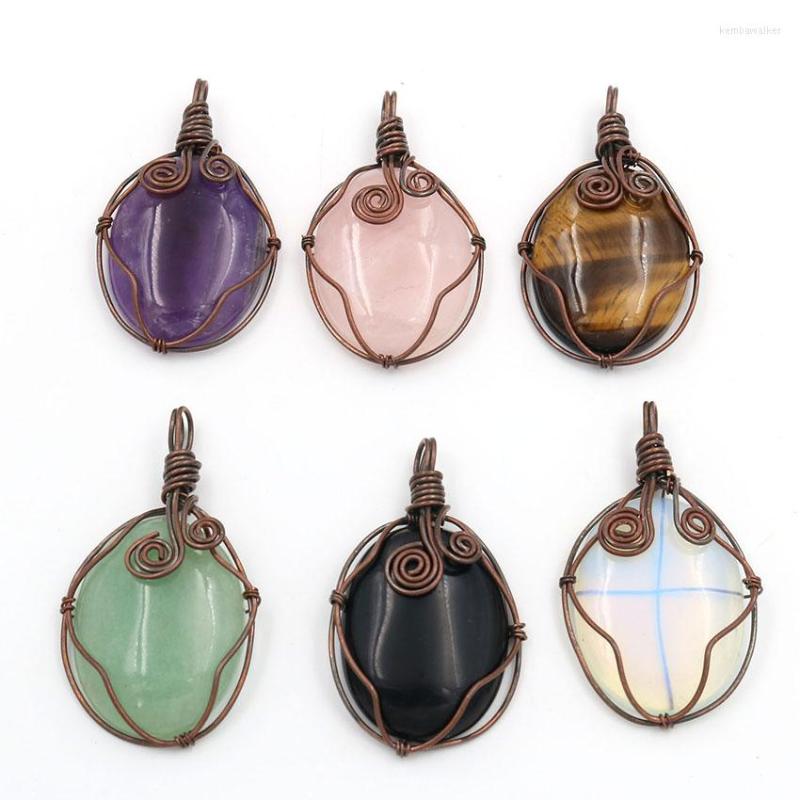 

Pendant Necklaces XSM Natural Stone Pendants Antique Copper Plated Wire Winding Oval Shape Amulet Necklaces' Reiki Healing Jewelry
