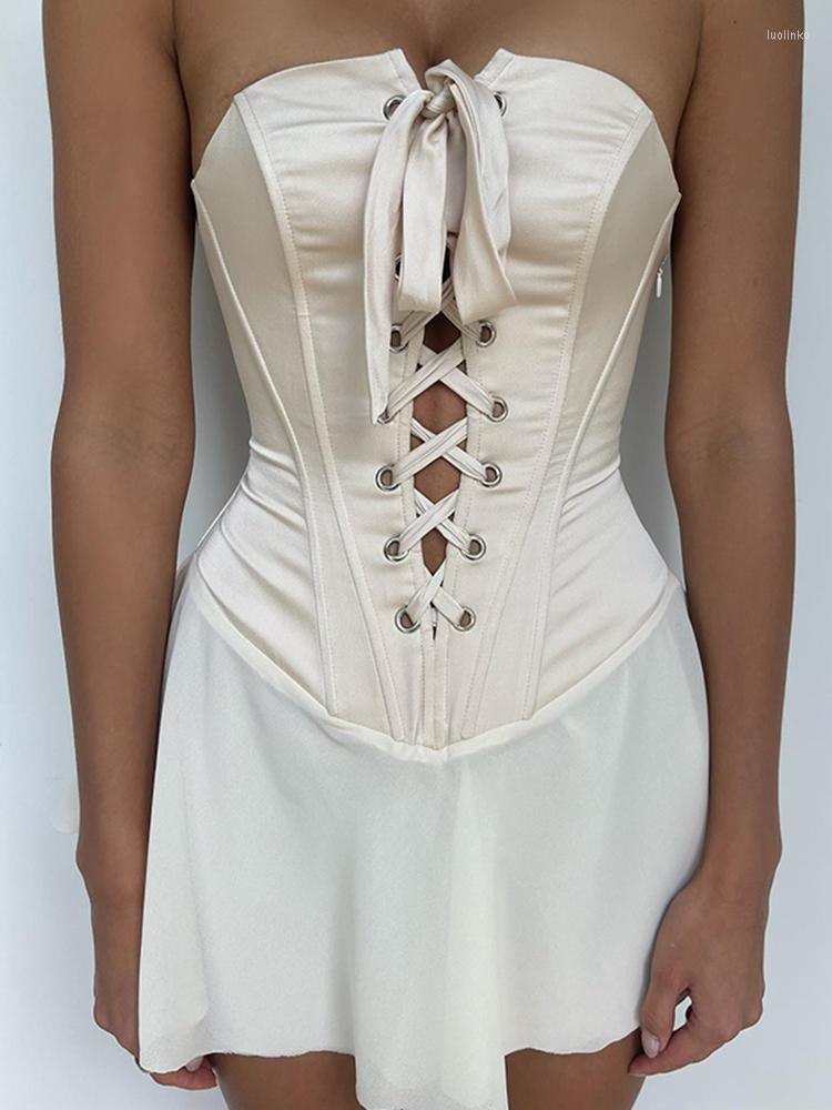 

Casual Dresses Whatiwear Women' Wrap Apricot Sweet Backless One Shoulder Tie Bandage Slim Mini Ruffle Sexy Elegant Summer Party