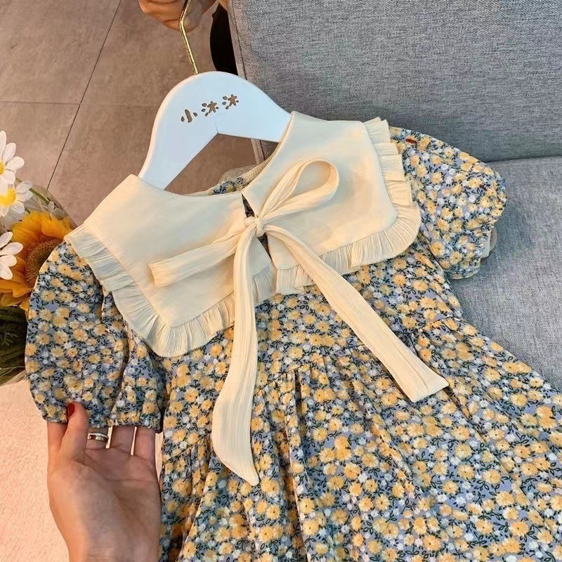 

Girl's Dresses 2023 Summer Style Girls Dress Korean Fashion Cute Collar Flower Printed Princess Short Sleeve Clothes 230413, Beige