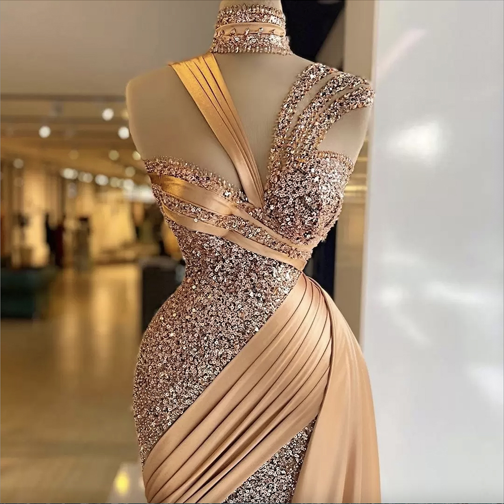 

Sparkle Gold Mermaid Evening Dresses with Over Skirt Sequin Pleat Short Prom Gowns High Collar Ladies Sexy vestido de novia, Chocolate