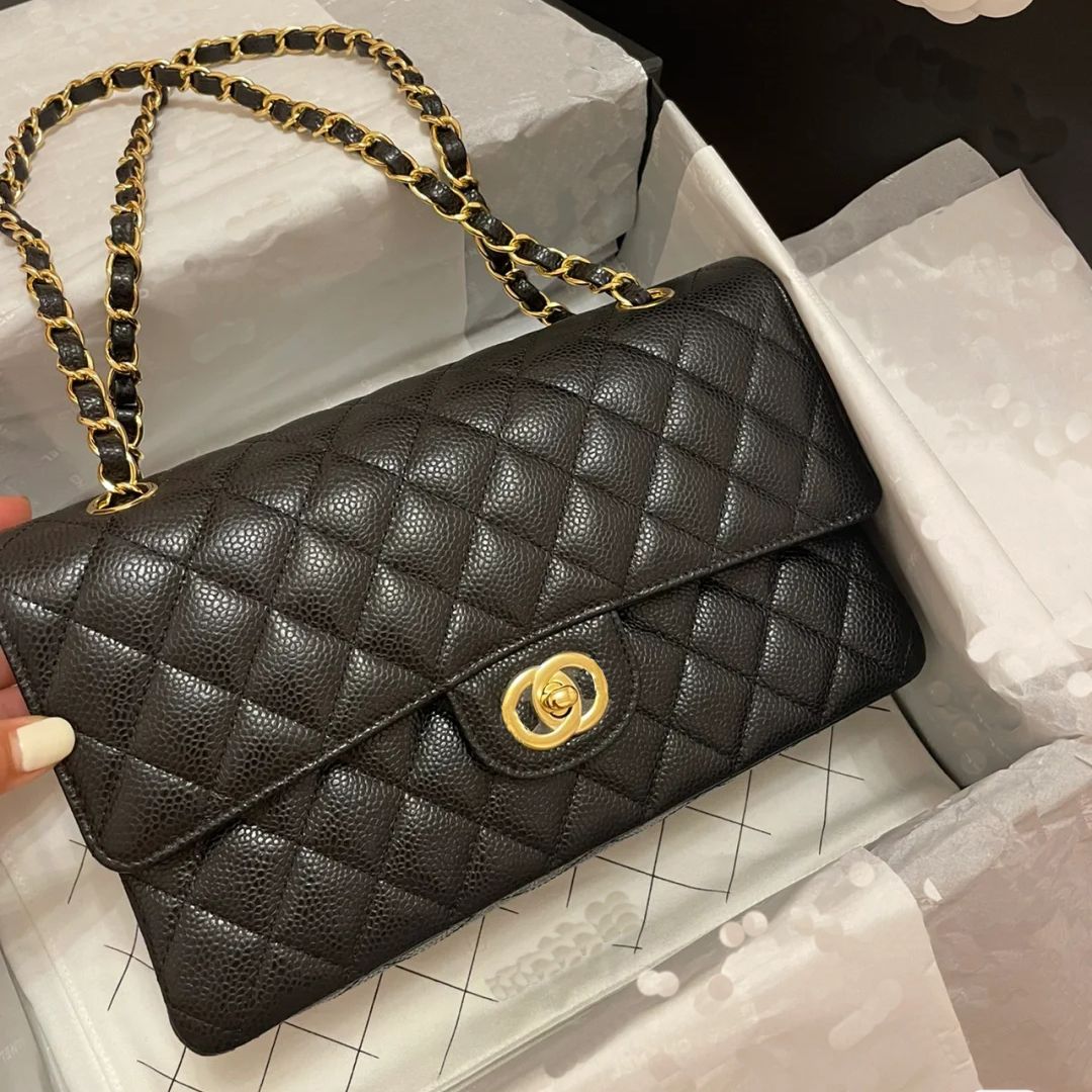 

5A designer shoulder bag classic plaid flap CF caviar handbag tote bags gold silver chain leather double letter solid color buckle square stripe lady messenger bag, Color 1