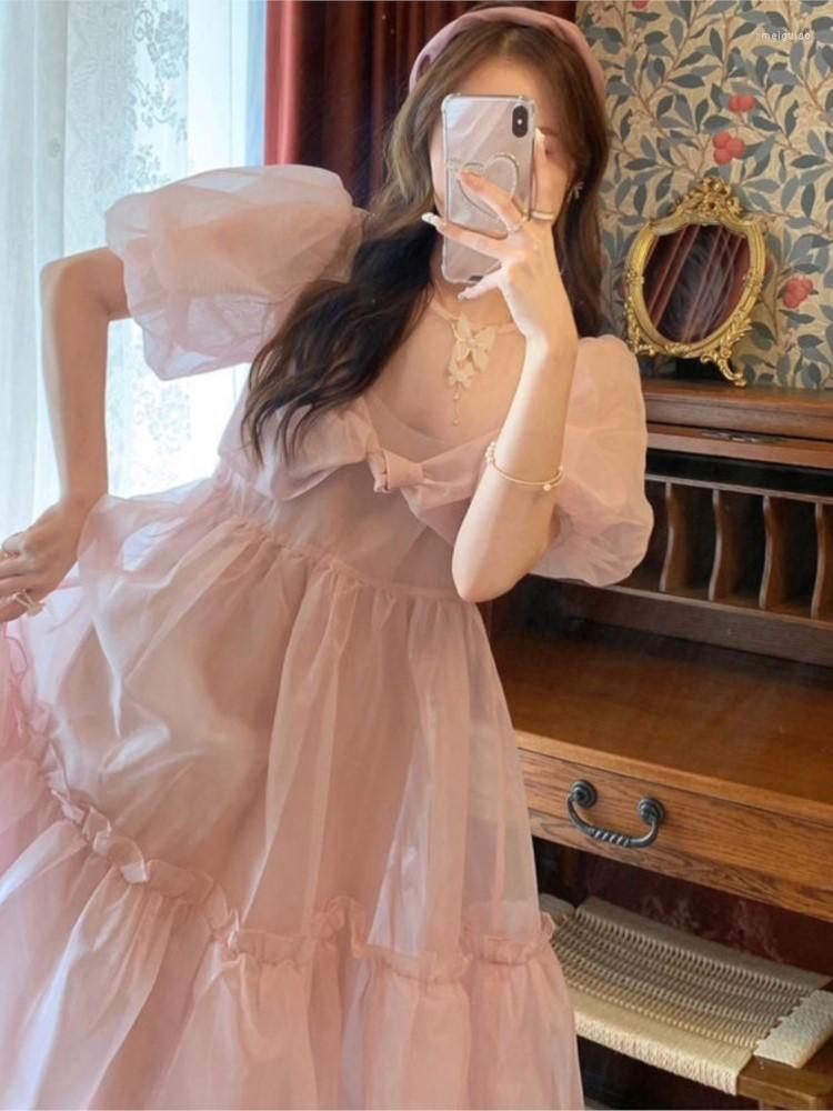 

Casual Dresses France Vintage Mesh Dress Women Summer Blue White Black Retro Evening Party Sweet Korean Princess Fairy 2023, Pink