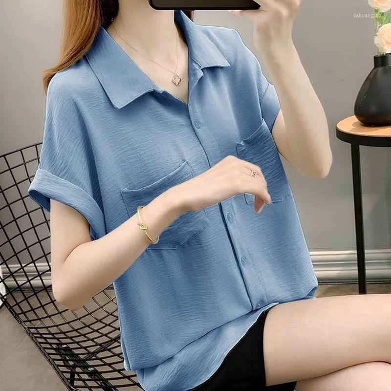 

Women's Blouses Female Clothing Commute Solid Color All-match Shirt Casual Single-breasted Summer Fashion Pockets Patchwork Polo-Neck Blouse, Purple