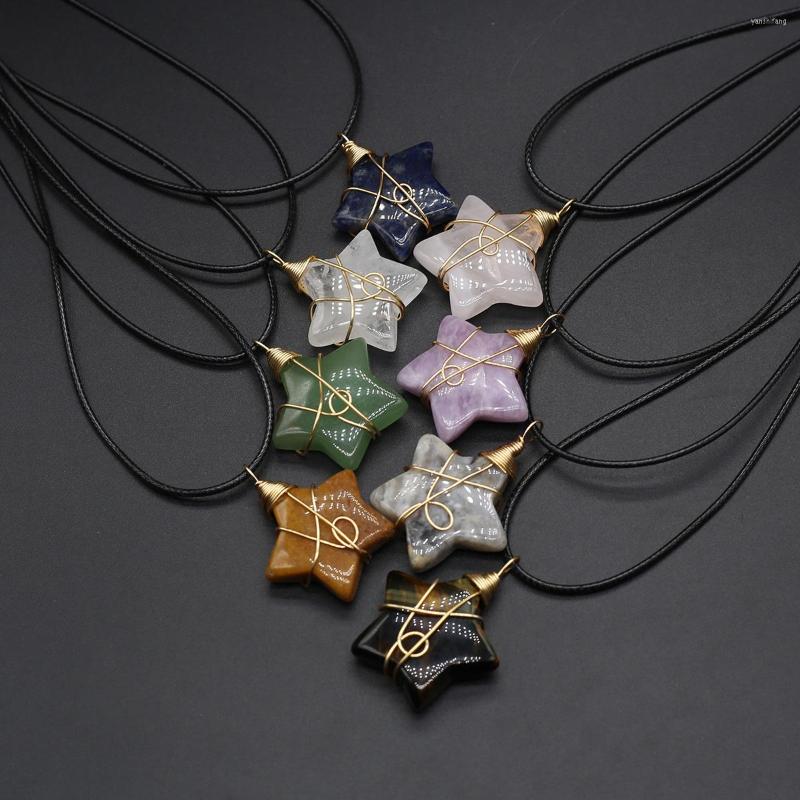 

Pendant Necklaces Natural Stone Five-pointed Star Shape Green Aventurine Agates Rose Quartz Necklace For Women Jewelry Gift 38x30x12mm