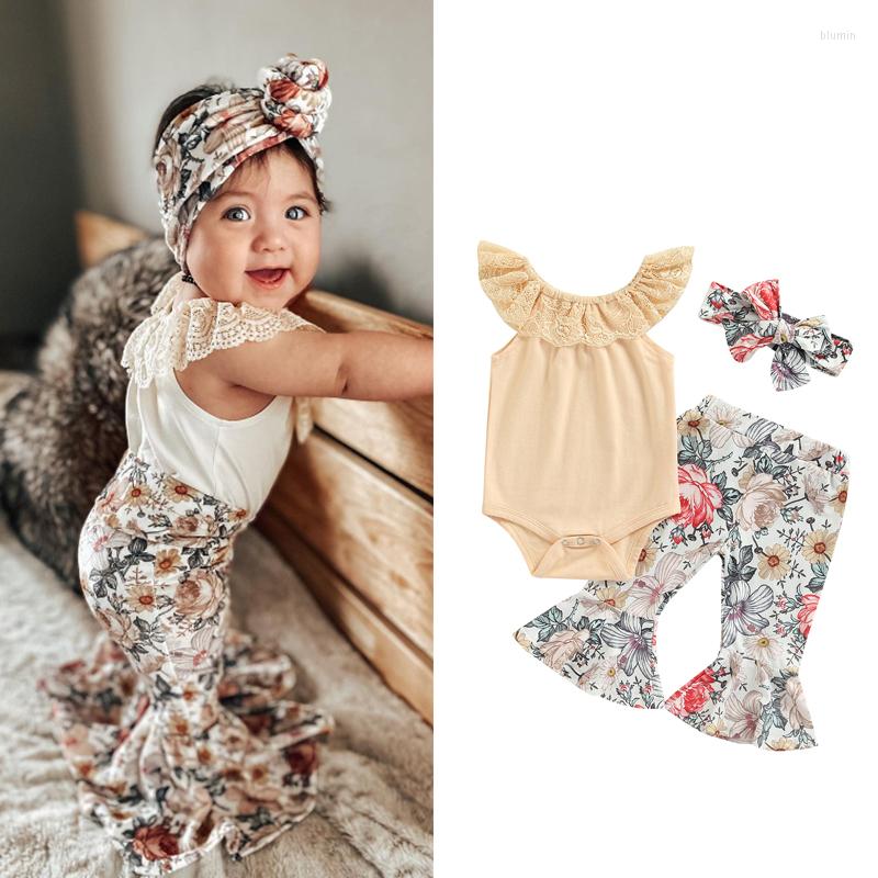 

Clothing Sets 2pcs Summer Romper Suit For Infant Baby Girls Cotton Solid Lace Jumpsuits Flower Print Flared Pant Headband, Khaki