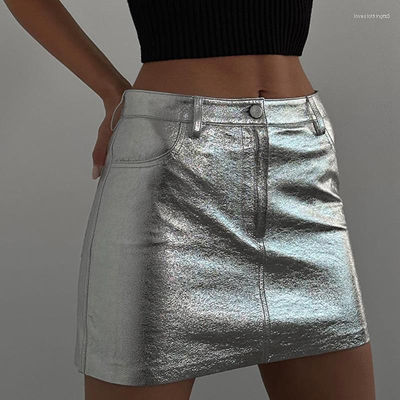 

Skirts Solid Basic Silver Leather Hip Wrap Short Skirt Women' Low Waist 2023