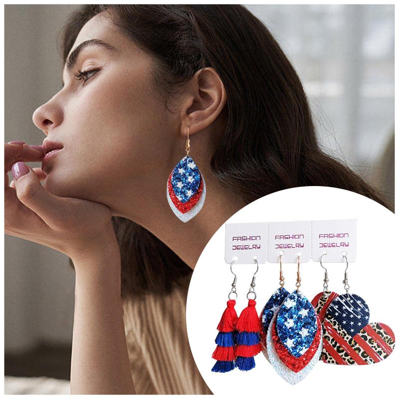 

Dangle Earrings Independence Day Set PU Leather Sports Baseball Sunflower Drop Earnings Heart Hoop For Women