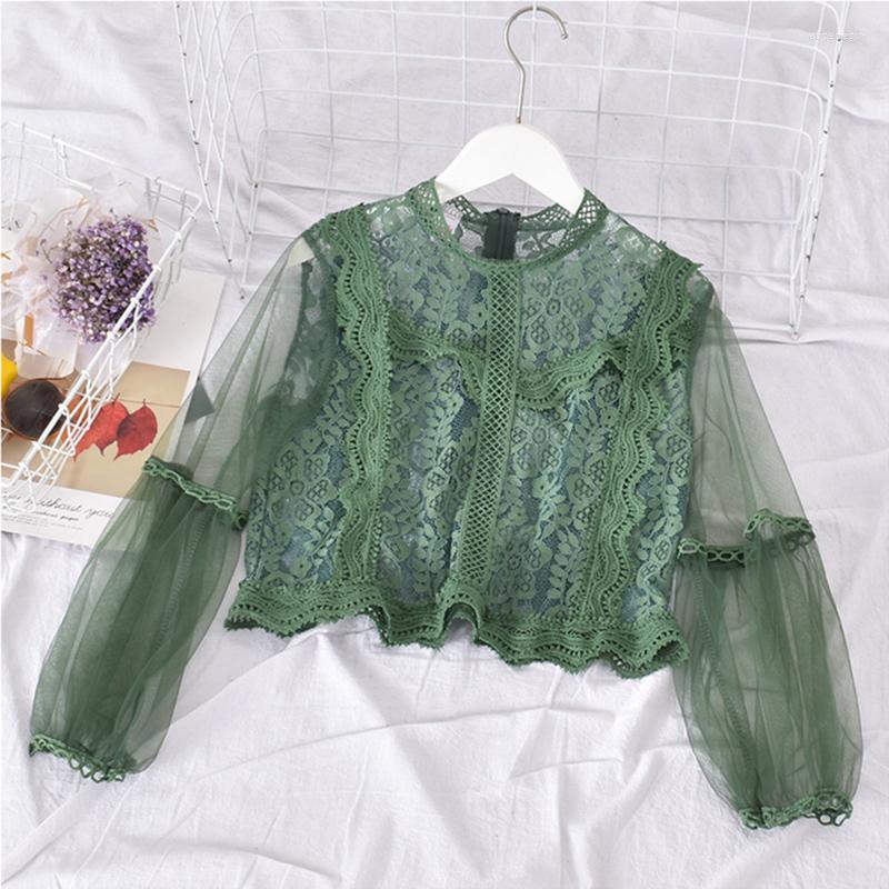 

Women's Blouses Arrival Ladies Mesh Lace Hook Flower Lantern Sleeve Loose Retro Short Pullover Blouse Shirts Women Fashion Cute Voile Suits, Green