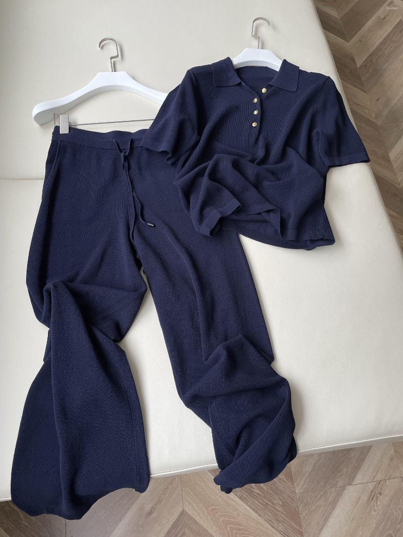 

Women's Two Piece Pants 2023 Women's Fashion Gold Buckle Knitted Suit Lapel Top Lace-up Trousers 2-piece Set 0318