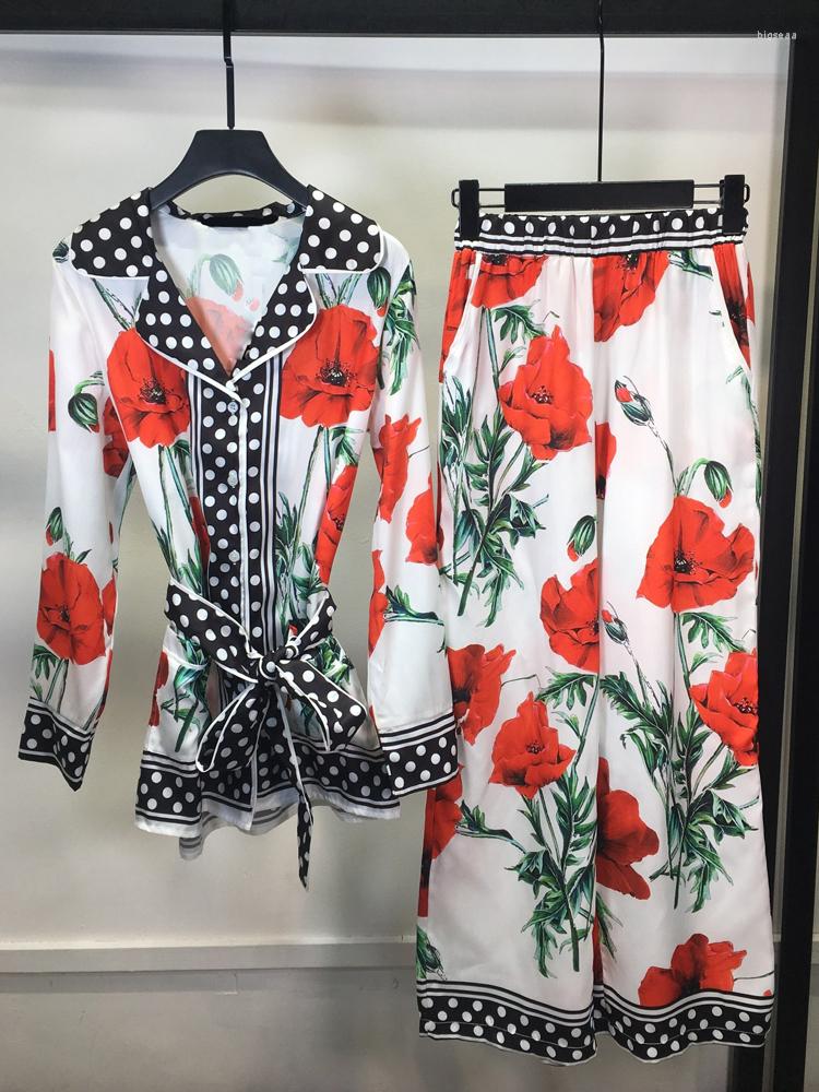 

Women' Two Piece Pants Red RoosaRosee Turn-down Collar Print Long Sleeve Blouse Wide-legged Elastic Waist Trousers Twinset 2023 Summer, Color