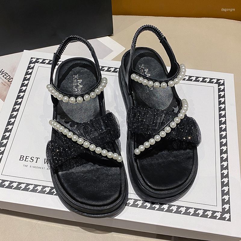 

Sandals Women Designer Pearl Summer Flats Platform Shoes 2023 Fashion Open Toe Slides Dress Sweet Shallow Mujer Zapatillas, Beige