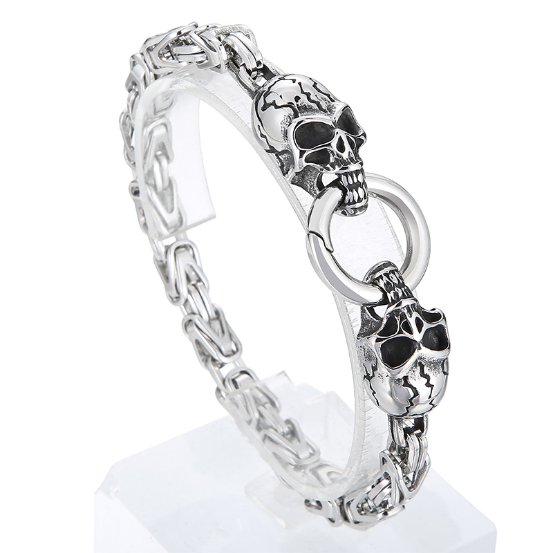 

Mens Skull Head Bracelet Stainless Steel King Chain Byzantine Chain Bangle 6mm 8.26inch Silver/ Golden / Black For Father Husband Gifts