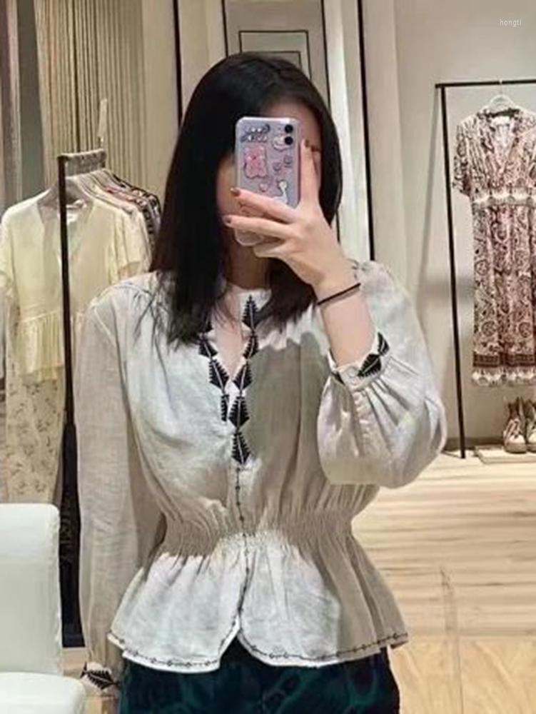 

Women's Blouses Women Shirt 2023 Summer Beige Gray Embroidered Lace Ruffled Waist