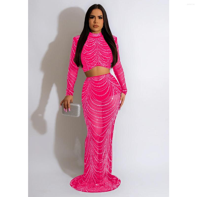 

Work Dresses Felyn 2023 Quality Fashion Design 2 Pcs Women Set Solid Diamond O-Neck T-shirt Maxi Dress Party Sexy Club Outfits, Black