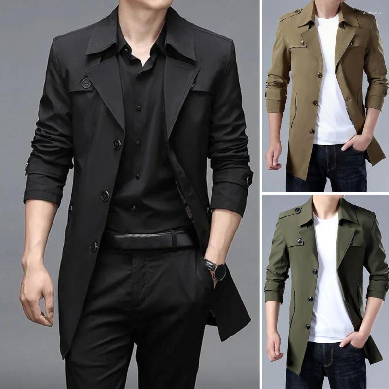 

Men's Jackets Stylish Business Coat Buttons Closure Coldproof Windproof Spring Autumn Mid-Length Solid Color Thick Overcoat, Black