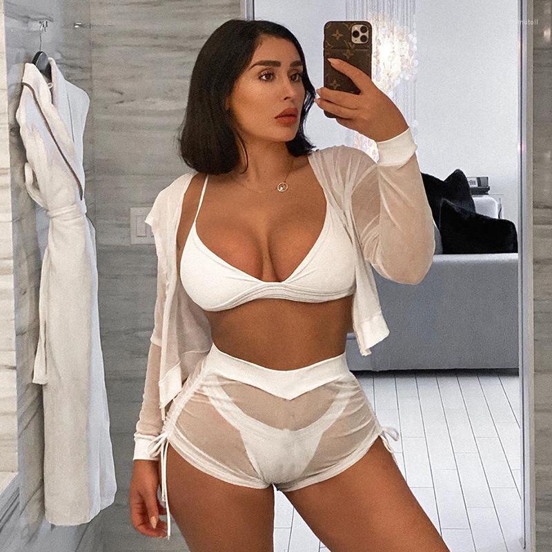 

Women' Tracksuits BKLD Fashion Summer Style Solid Color Sexy Women Mesh Fishnet Short 2 Two Piece Sets Long Sleeve Crop Tops And Skinny, Green