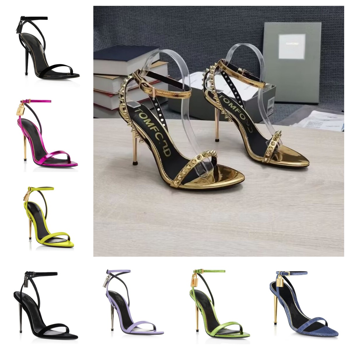 

23S Elegant Brand Women Shoes Padlock Pointy Naked Sandals Shoes Hardware Lock and key Woman Metal Stiletto Heel Party Dress Wedding EU35-43 tom-fords-heel
