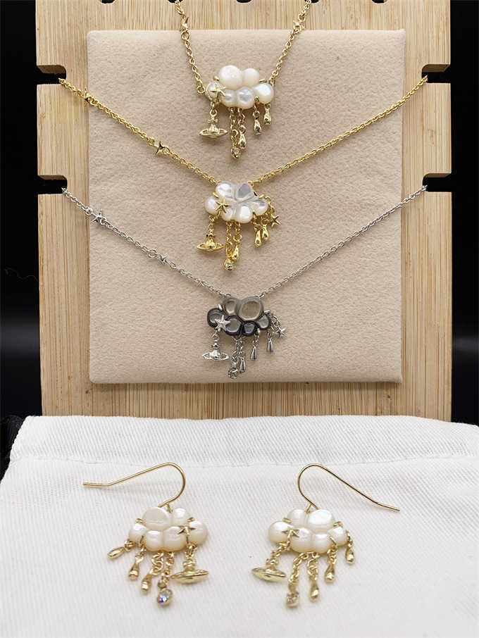 

Western Empress Dowager Vivian Gold White Silver edged Black Beige Cloud Raining Saturn Earring Necklace -- B8230